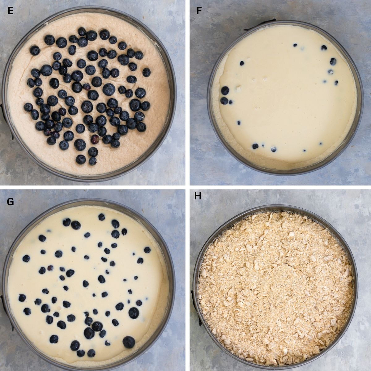 Steps for making the blueberry cheese crumb cake in pan.