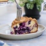 Blueberry Cheese crumb cake slice with a fork.