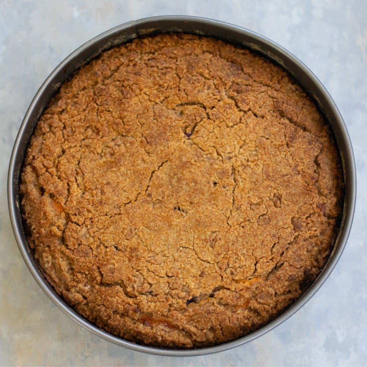 Baked blueberry cheese crumb cake in pan.