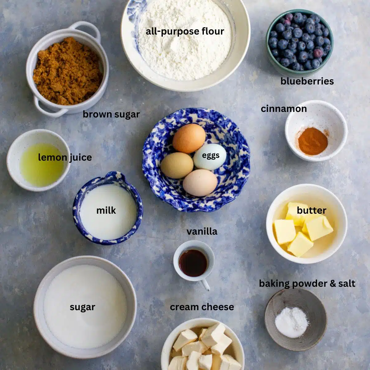Ingredients for blueberry cheese crumb cake.