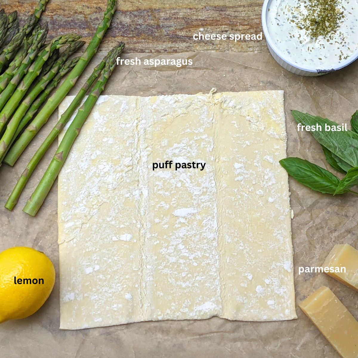 Ingredients to make asparagus tart.