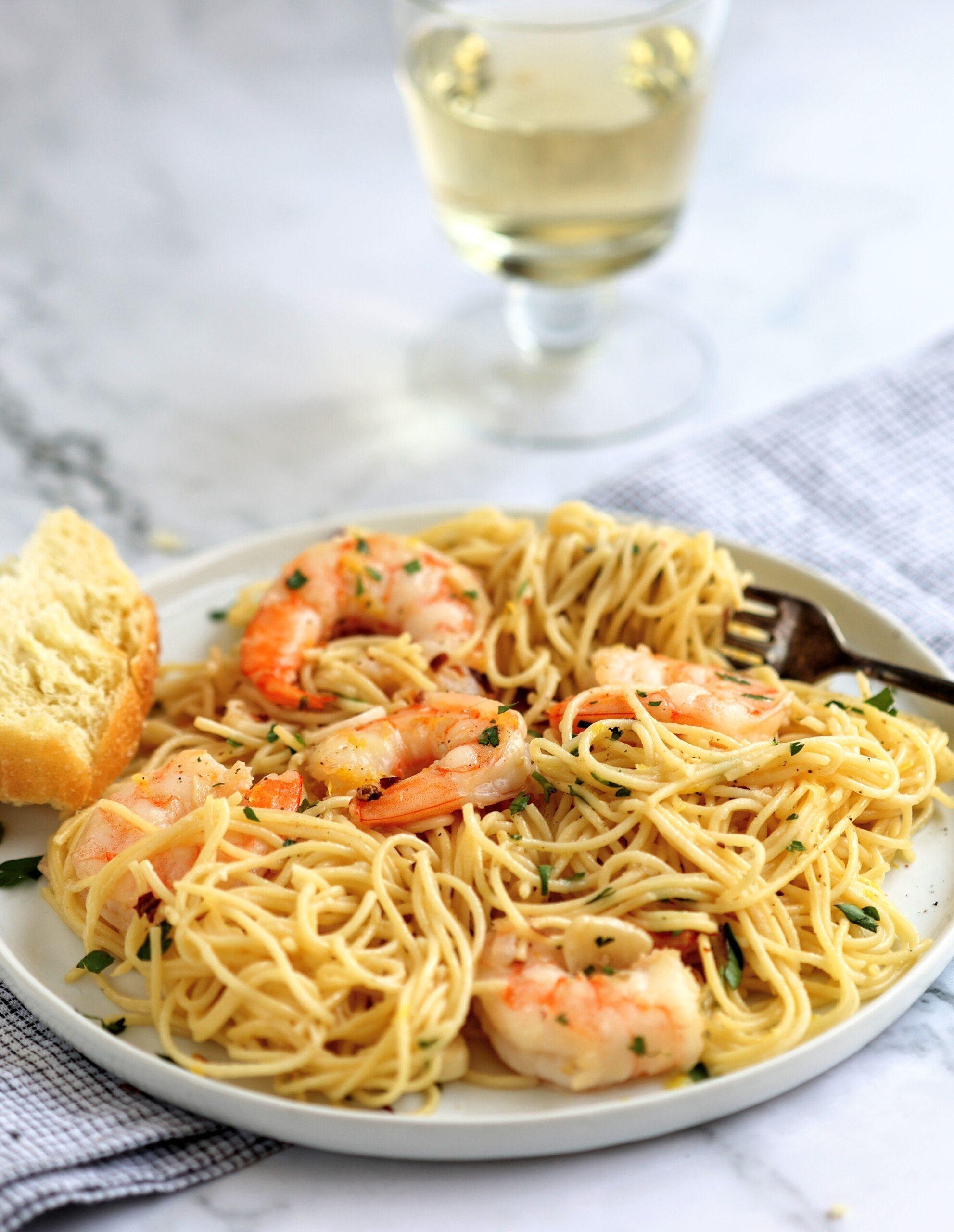 Angel hair pasta with shrimp in white wine sauce