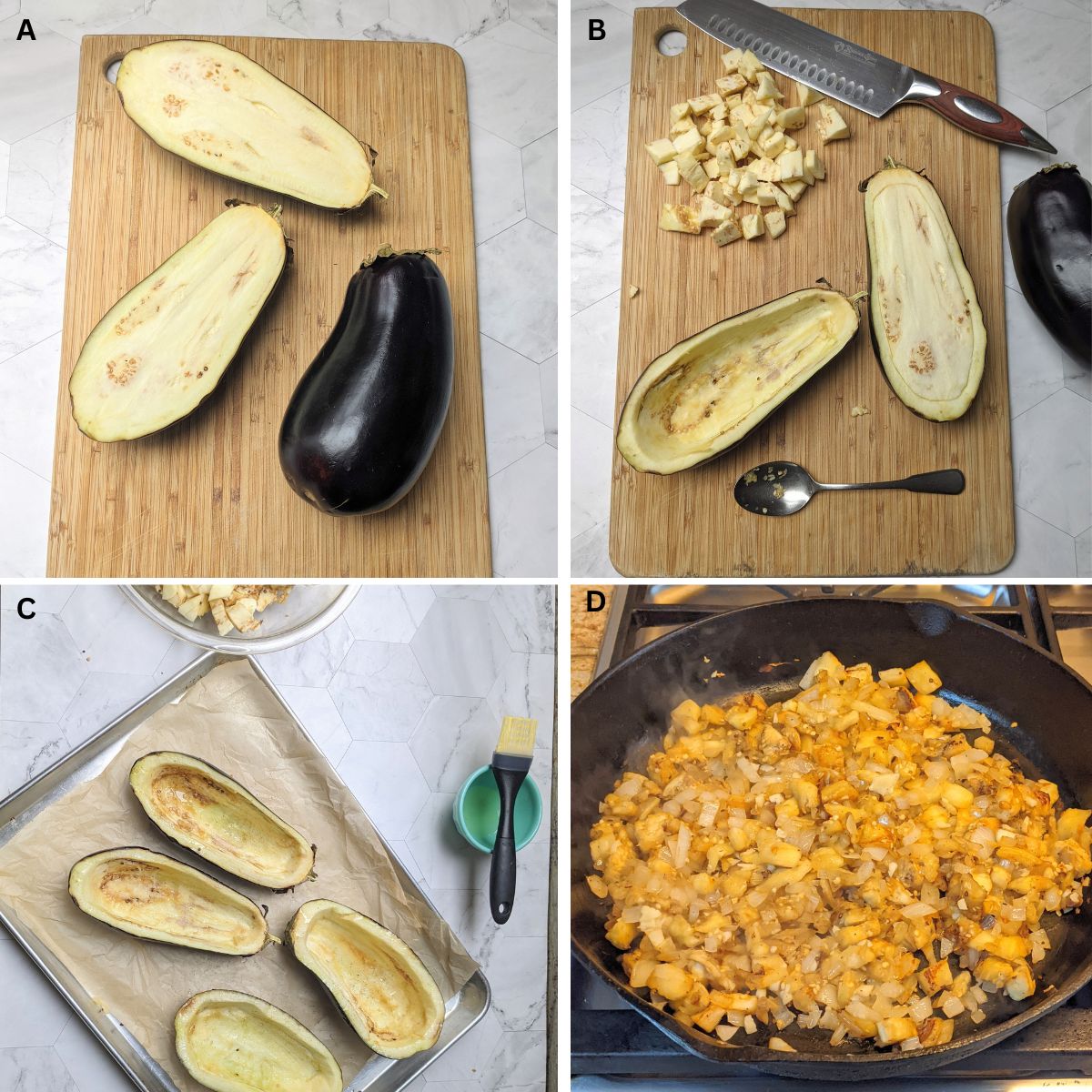 Steps for making stuffed eggplant parmesan.