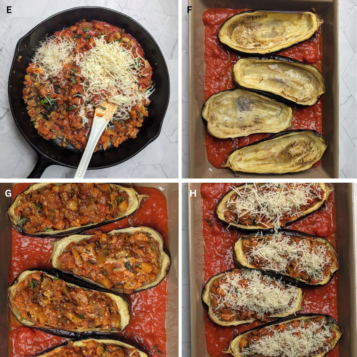 Steps for making stuffed eggplant.