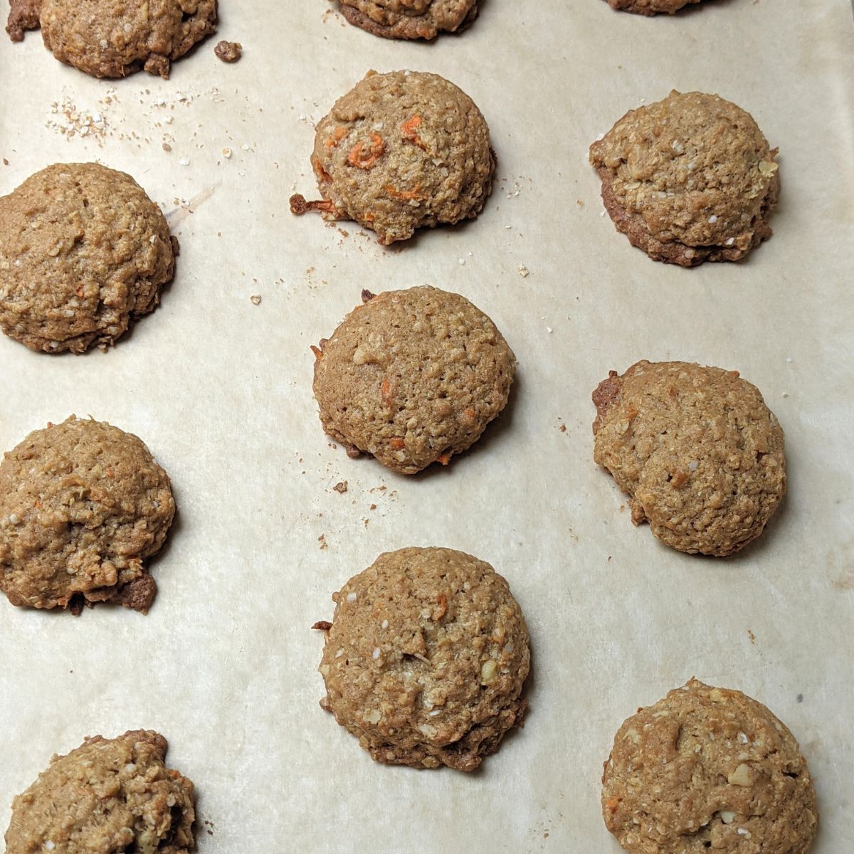 Baked carrot cake cookies on baking sheer.