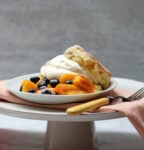 single serving of grilled peach and blueberry shortcake with whipped cream and fork