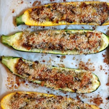 baking sheet with stuffed pancetta-parmesan zucchini