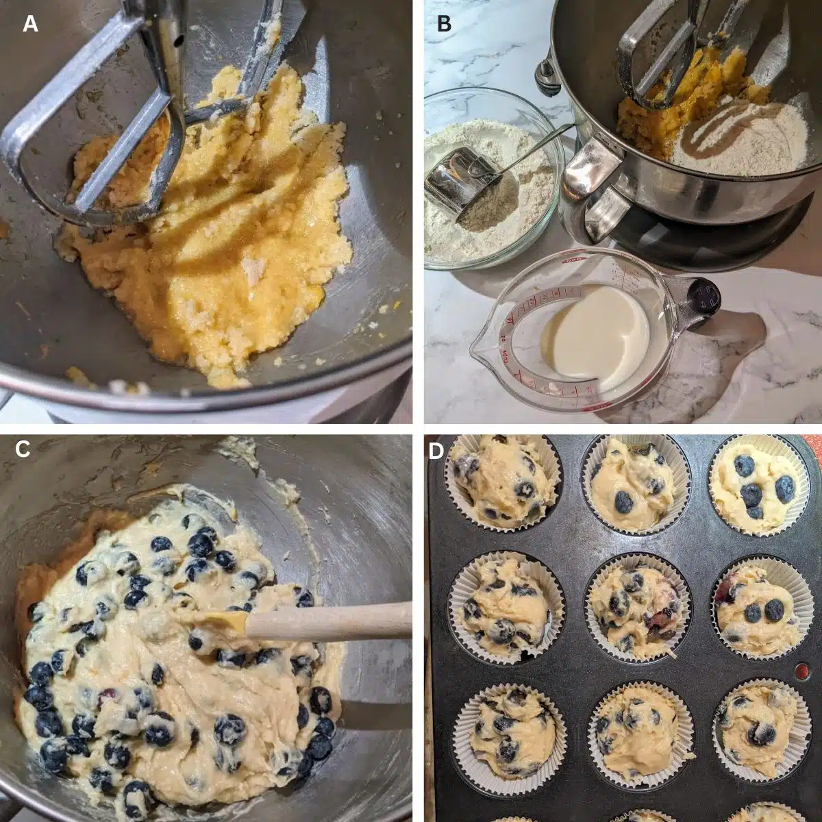 Steps for making blueberry Buckle Muffins. 
