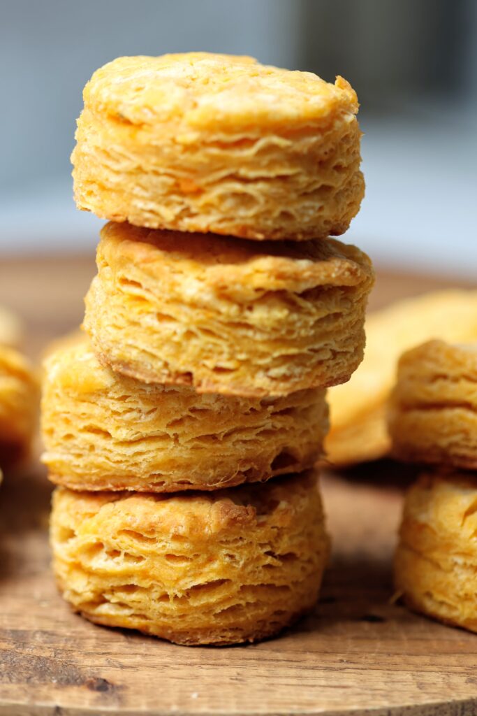 Stack of four fluffy sweet potato biscuits
