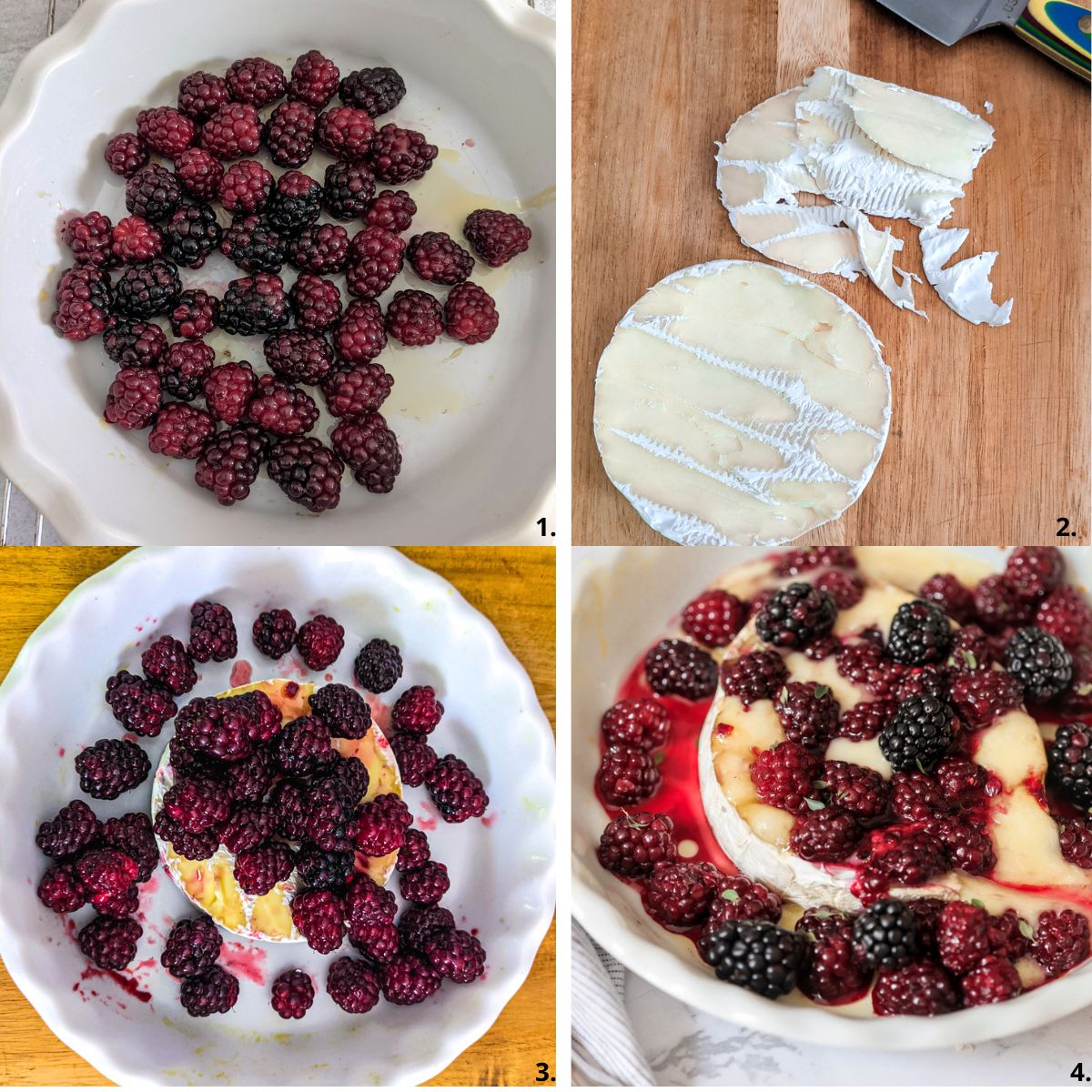 the 4 steps to making Baked Brie with Blackberries, Honey, and Thyme.