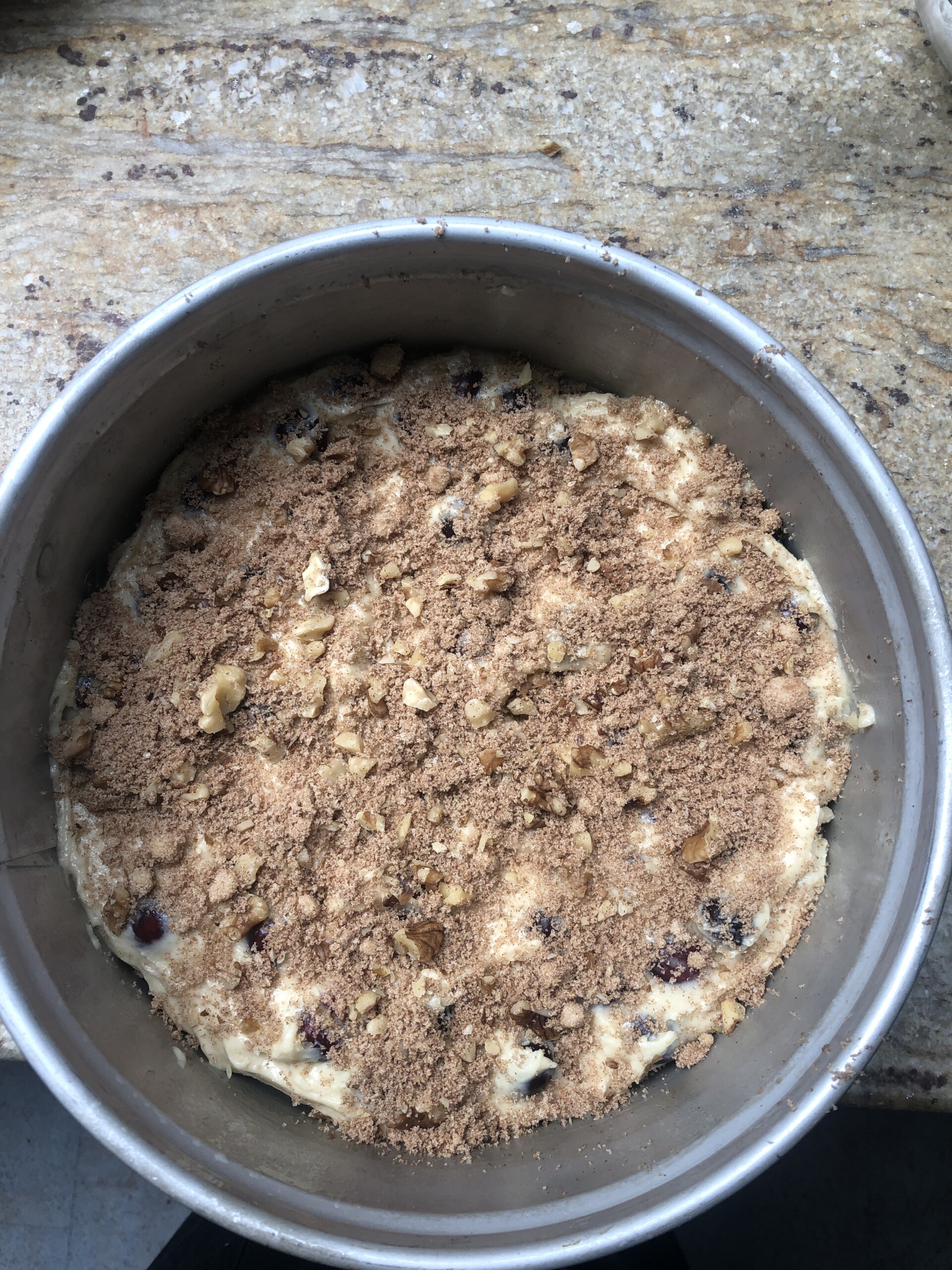 baking pan of streusel topping over cake batter