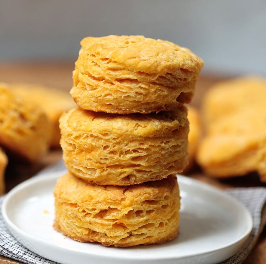 Stack of 3 sweet potato biscuits.