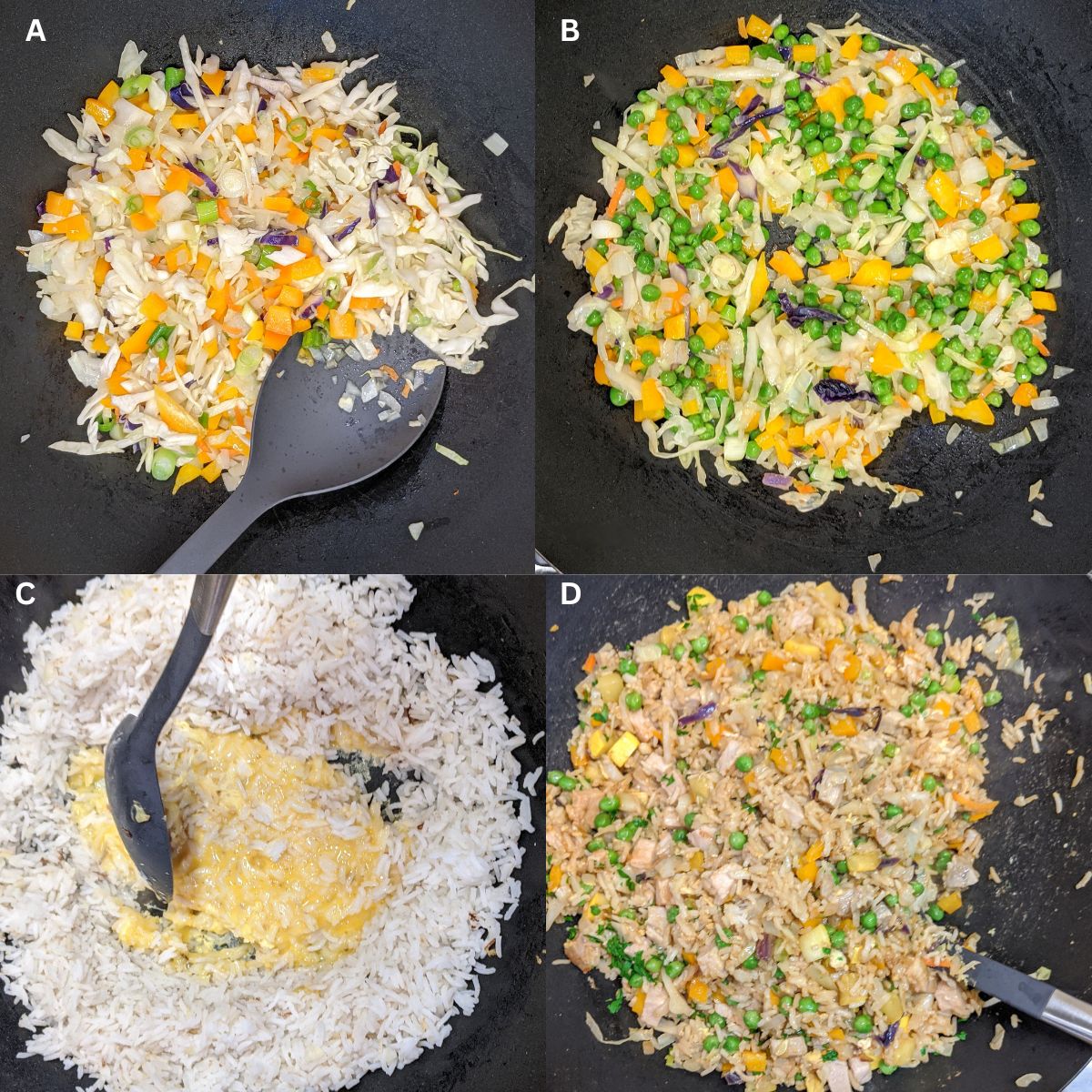 Steps for making chicken fried rice. 
