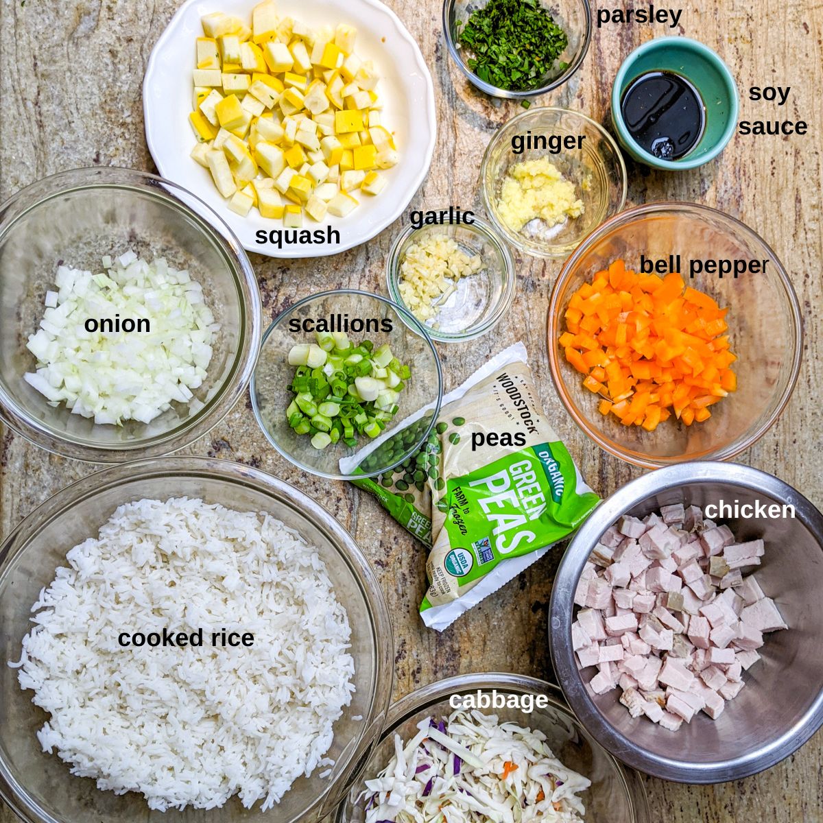 Ingredients to make chicken fried rice.