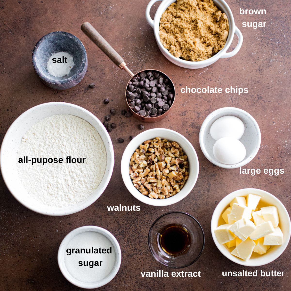Ingredients to make chocolate chip skillet cookie.