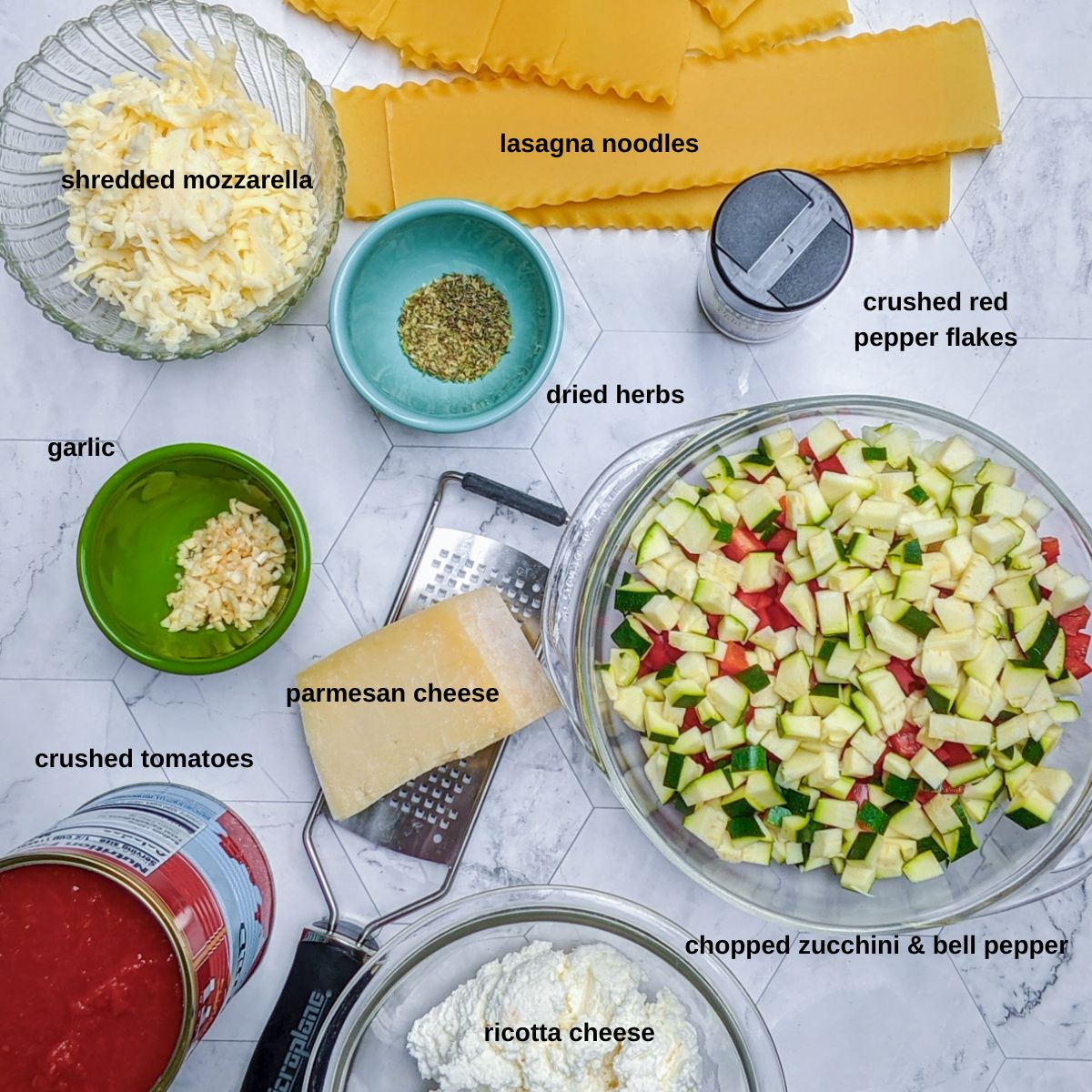 Ingredients to make skillet vegetable lasagna.
