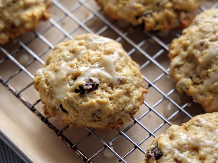 Close up of granola scone on wire rack.
