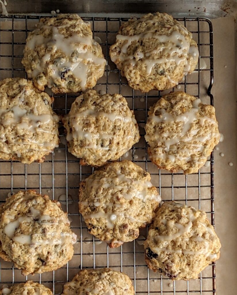 overhead shot of granola scones drizzled with glaze on a wire rack