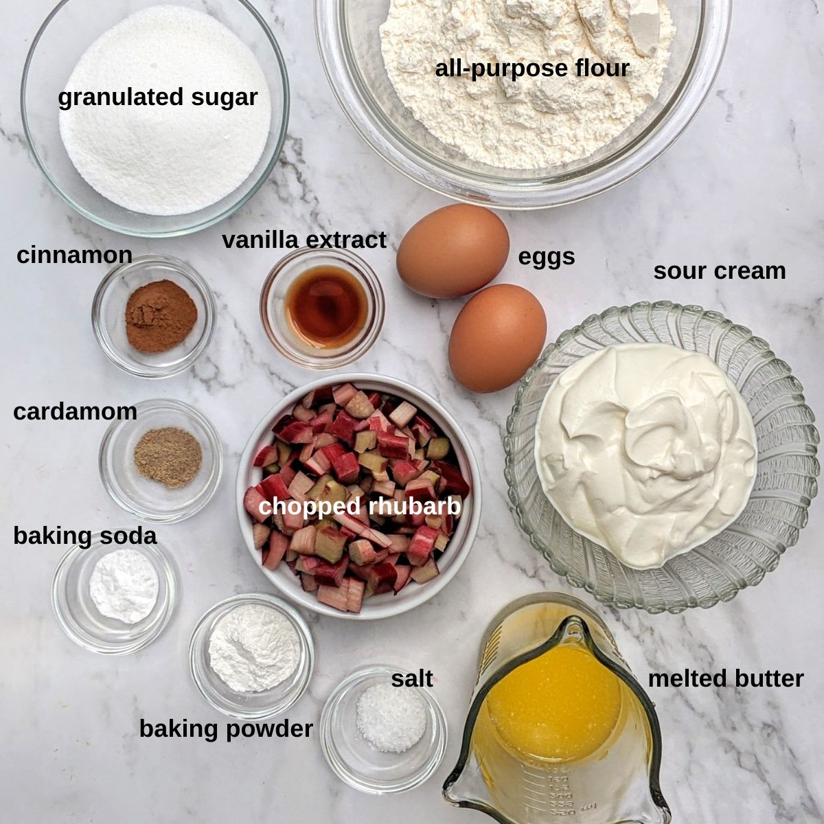 Ingredients to make rhubarb muffins.