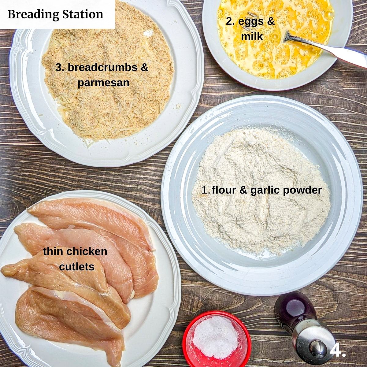 Ingredients to bread chicken cutlets.