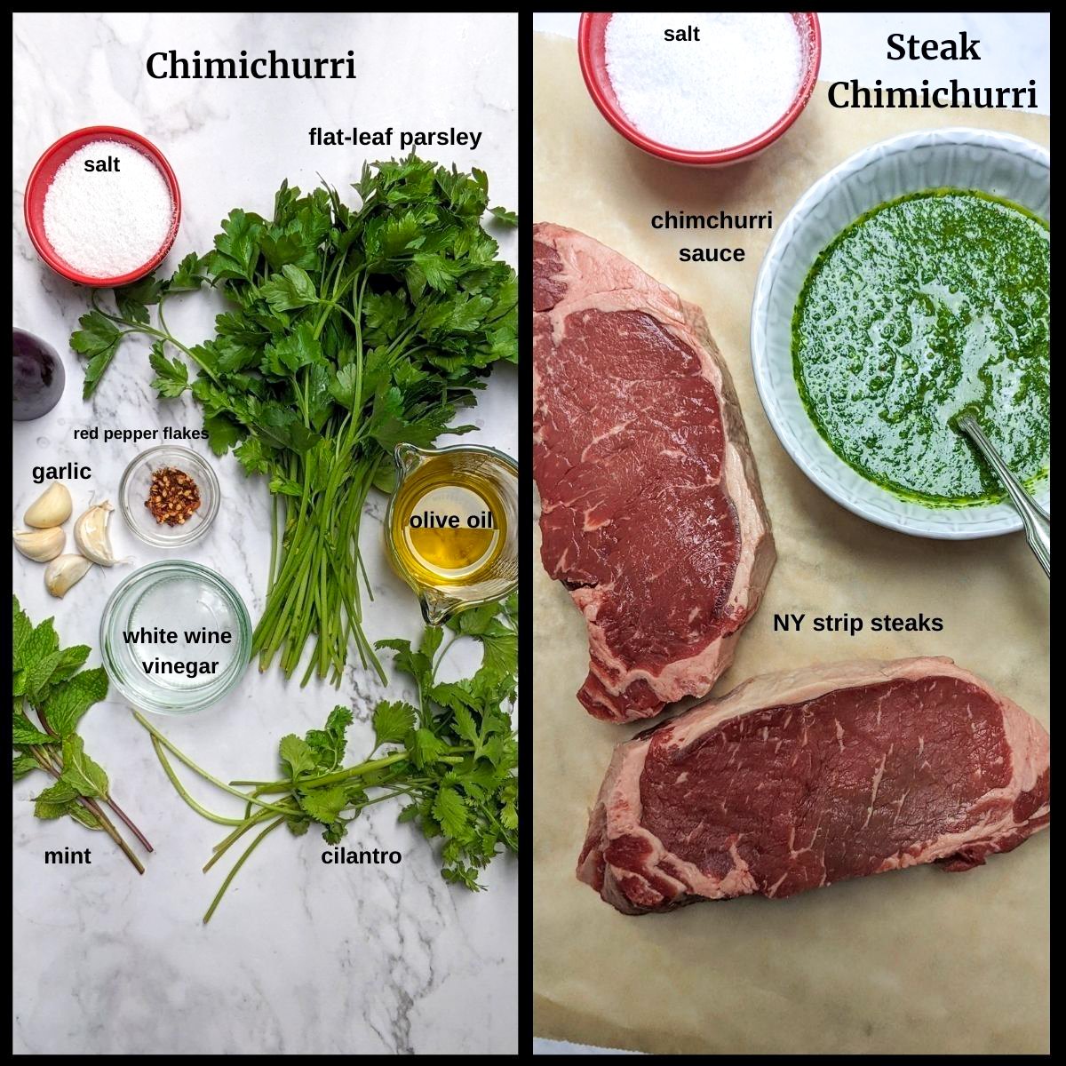 Side by side images if ingredients, sone to make the chimichurri and the other for the steak.