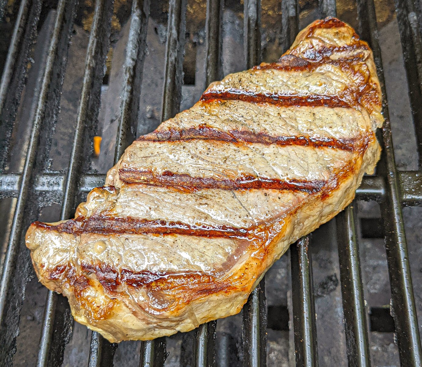 Gilling NY Strip steak in grill grates. 
