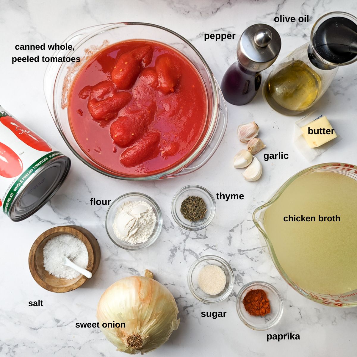 Ingredients to make Homemade Tomato Soup with Sourdough Croutons. 