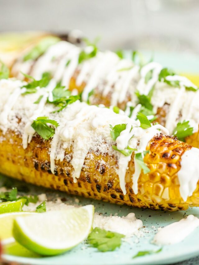 Grilled elote corn on the cob.