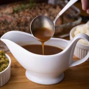 Pan gravy in gravy boat.