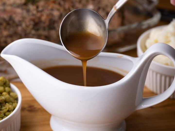 Pan gravy in gravy boat.