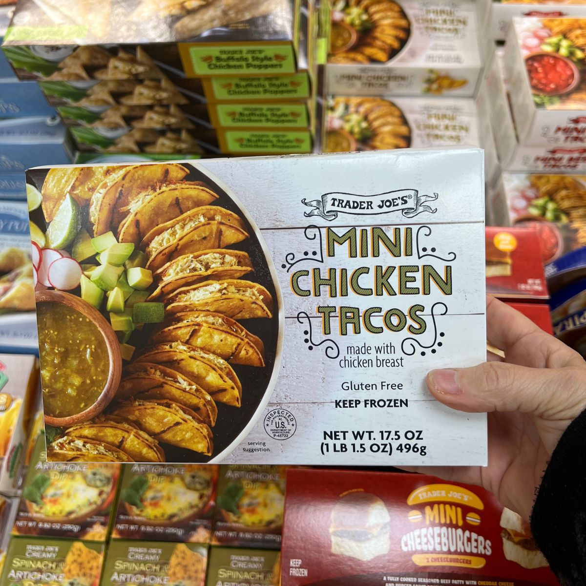 Trader Joes Mini chicken tacos.
