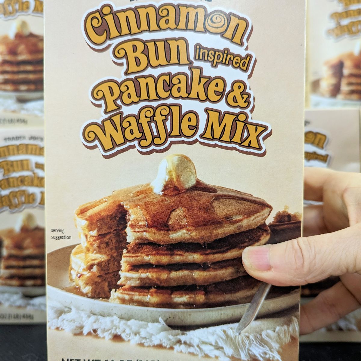 Trader Joes Cinnamon Bun Pancake Baking Mix.