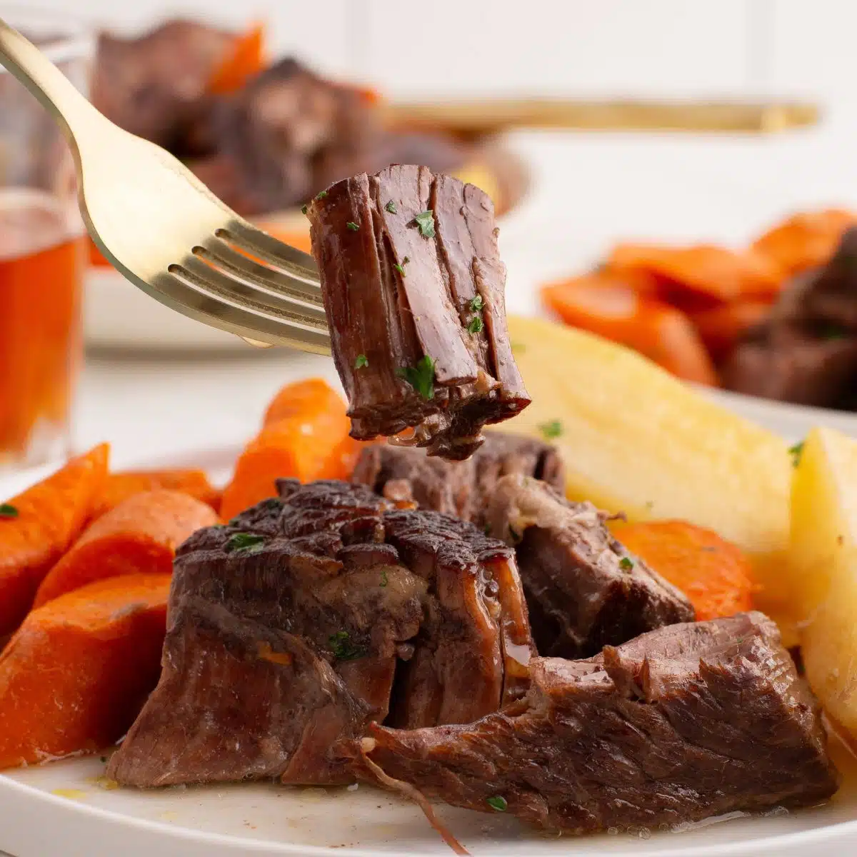 Easy pot roast on plate with a forkful. 