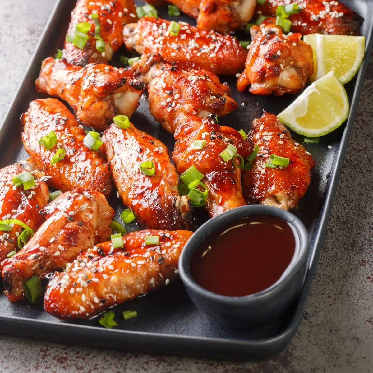 Chicken wings with hoisin sauce.