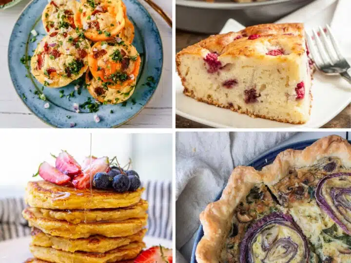 Four cottage cheese recipe images in a grid; egg bites, raspberry cake, quiche, and pancakes.