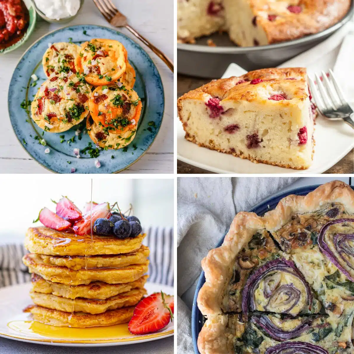 Four cottage cheese recipe images in a grid; egg bites, raspberry cake, quiche, and pancakes. 