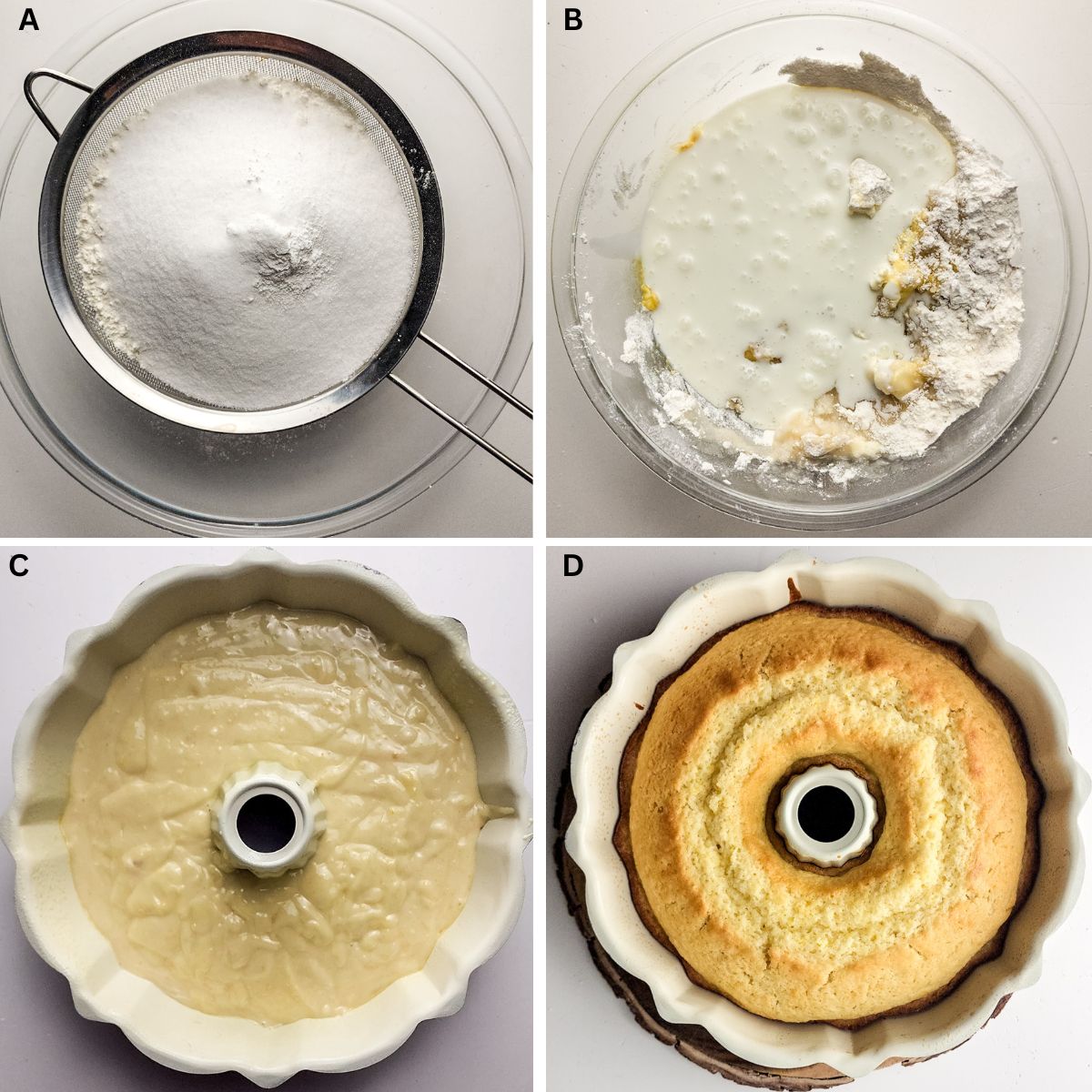 Steps for making the lemon bundt cake.