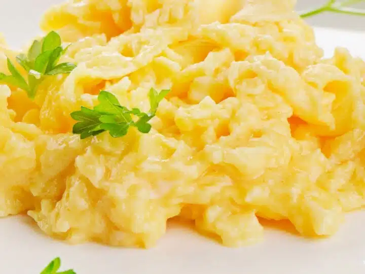 Plate with scrambled eggs.