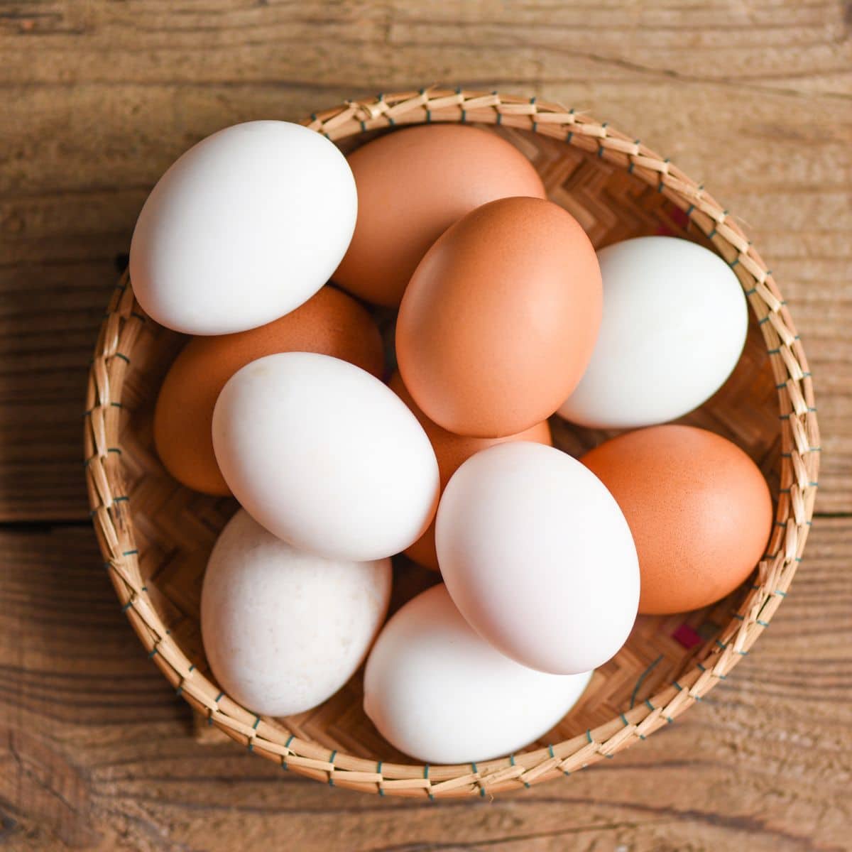 Bowl with brown and white eggs.