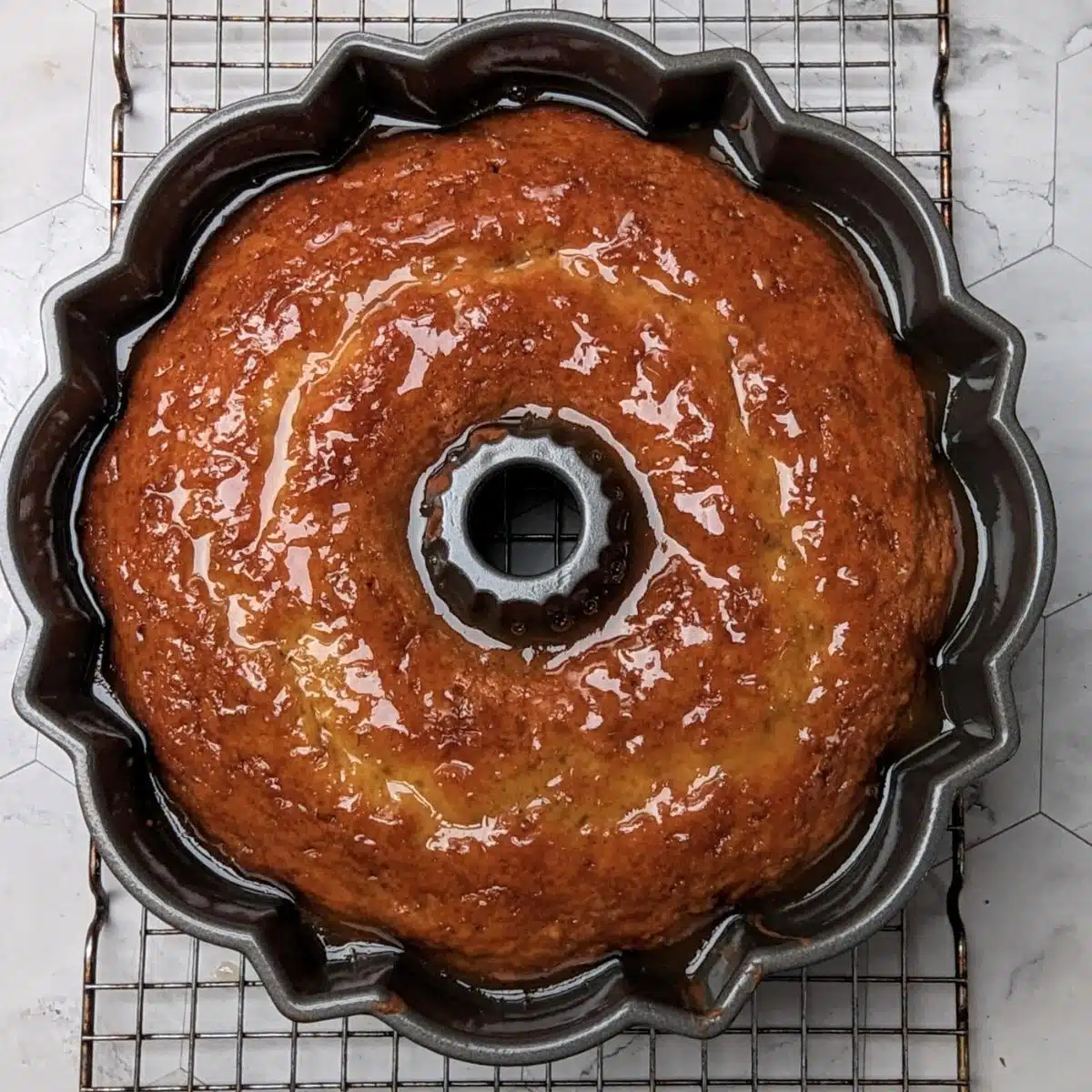 Glazed whiskey cake in the pan.