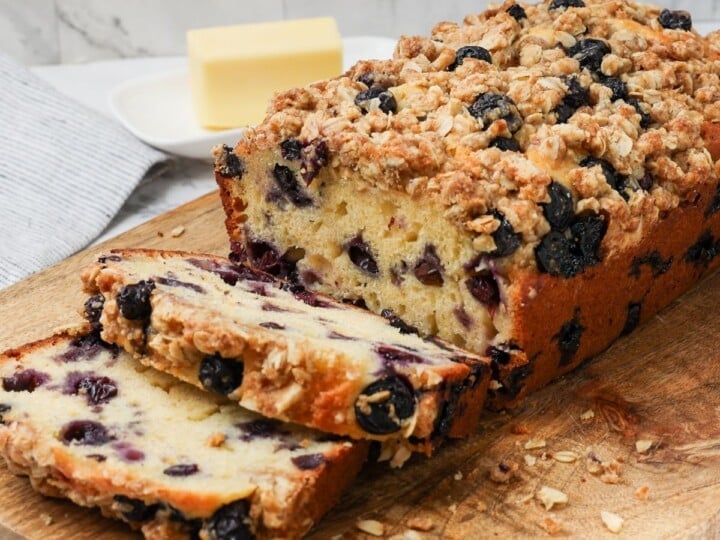 Blueberry muffin bread sliced on board