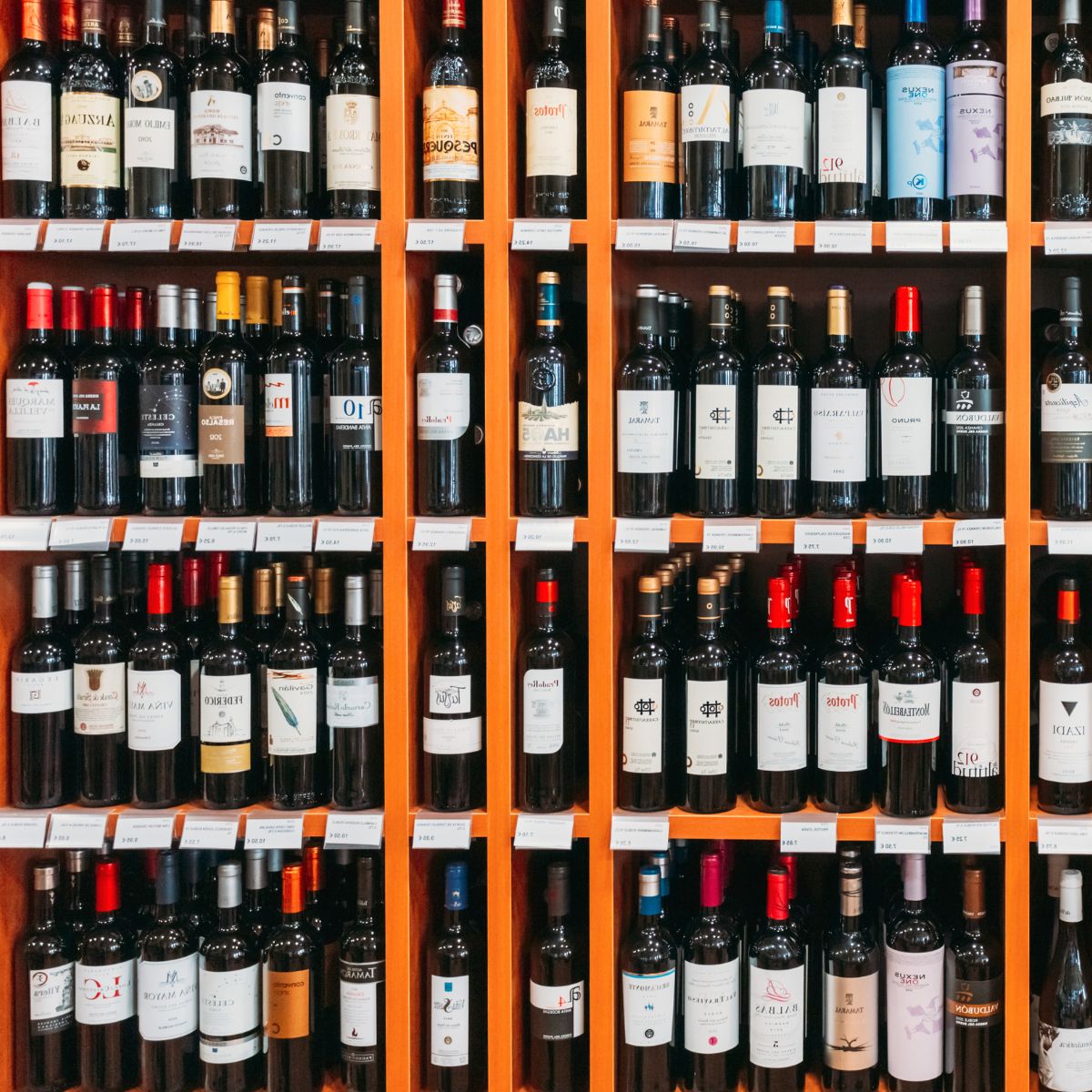 Wine bottles in a wine shop. 