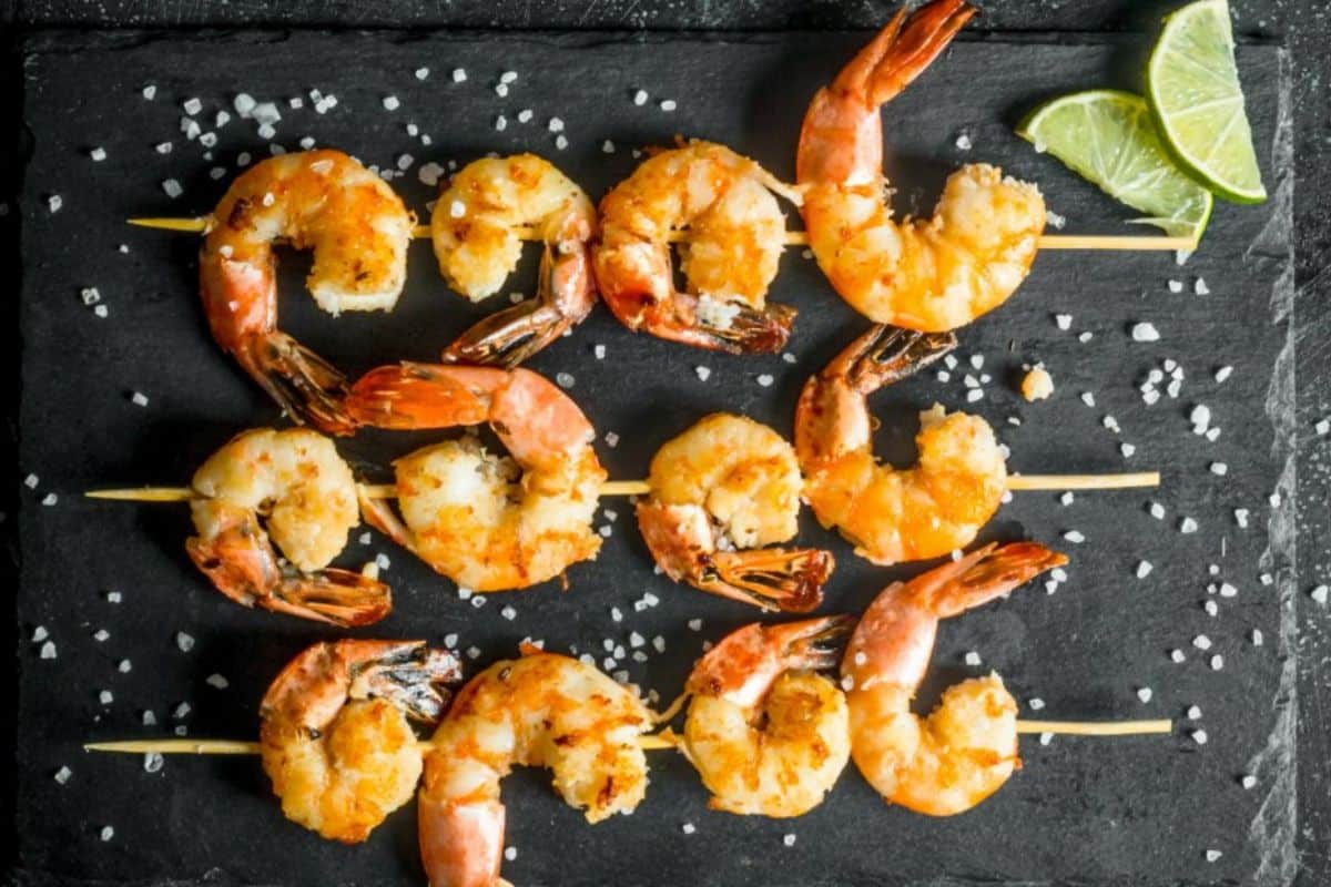 Grilled Tequila lime shrimp on skewers.