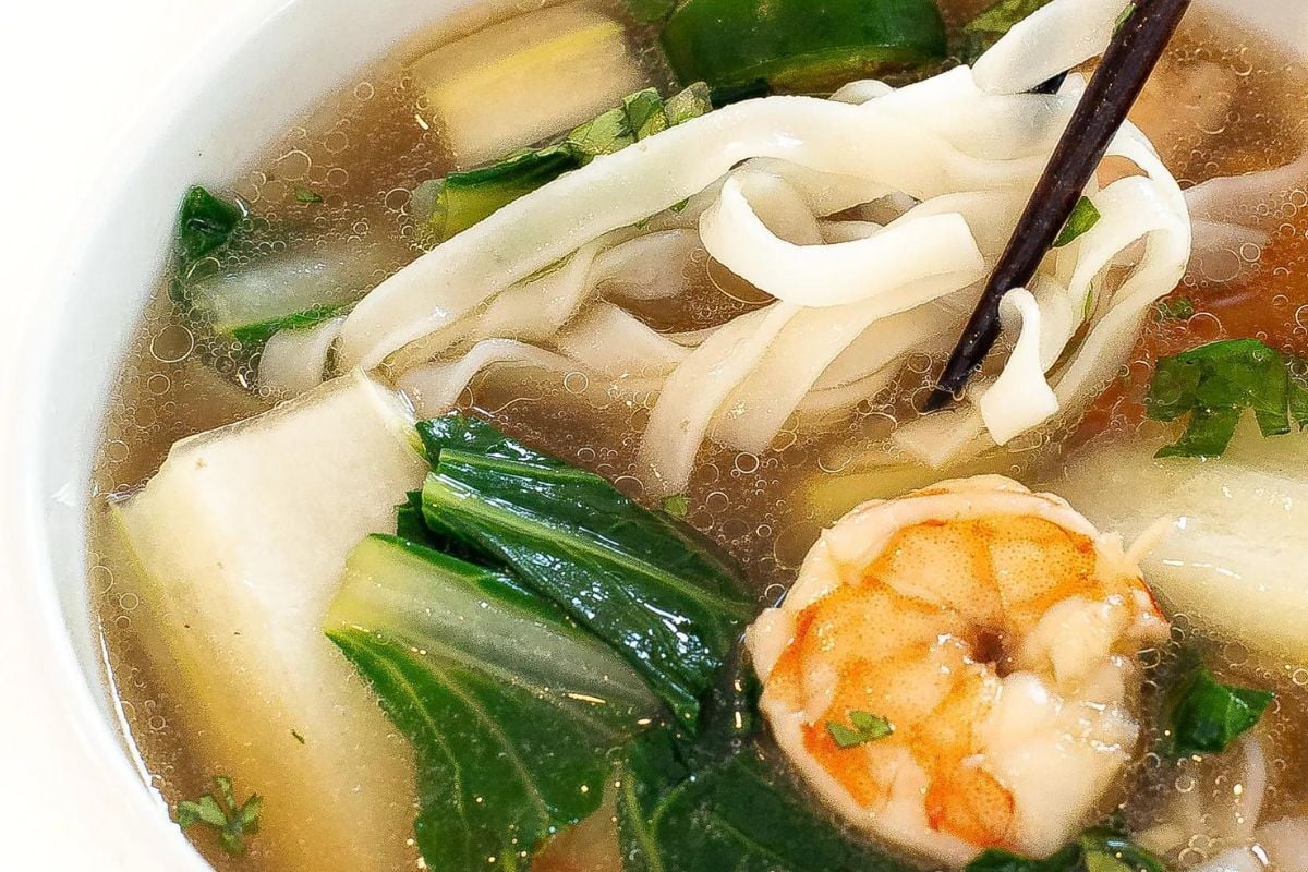 Viernamese Shrimp pho in a bowl.