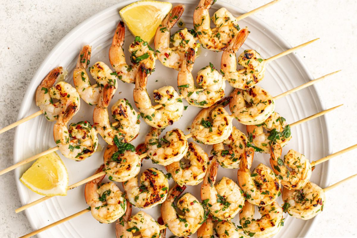 Skewers of grilled chimchurri shrimp