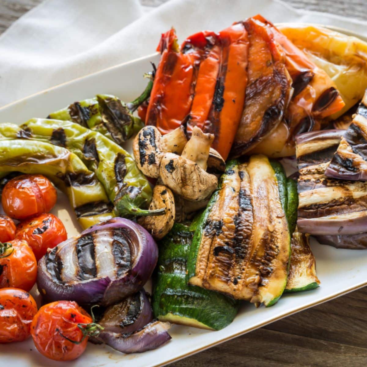 Grilled vegetables on a platter.