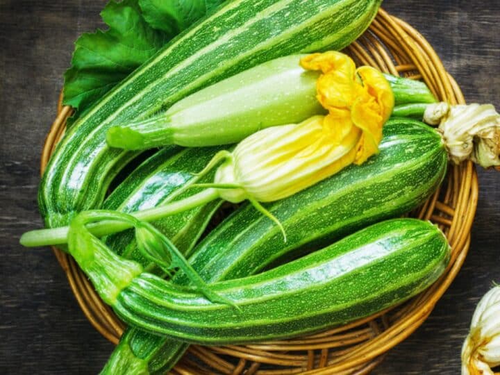 Bowl wth zucchini and zucchini blossoms